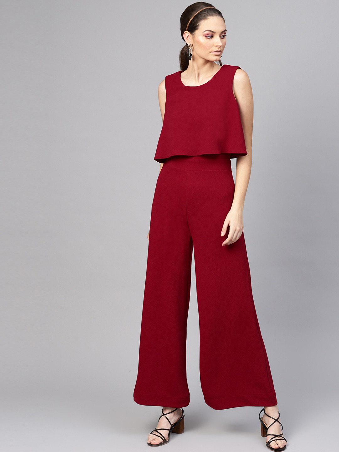 SASSAFRAS Women Maroon Solid Layered Basic Jumpsuit