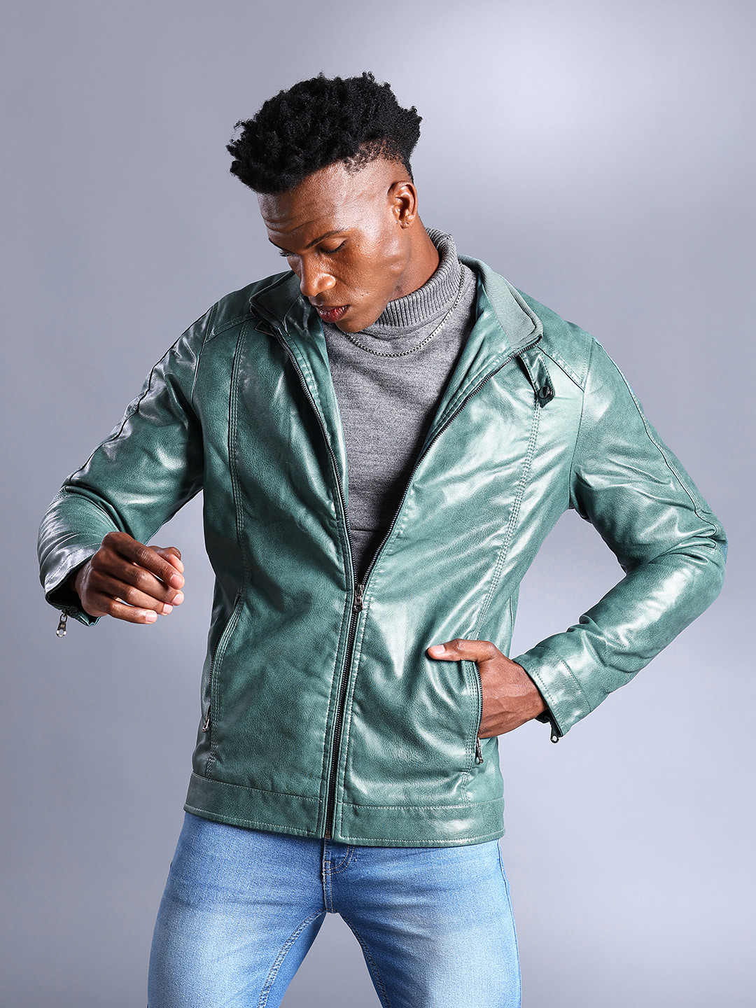 The Indian Garage Co Men Slim Fit Faux Biker Jacket with Zip Closure