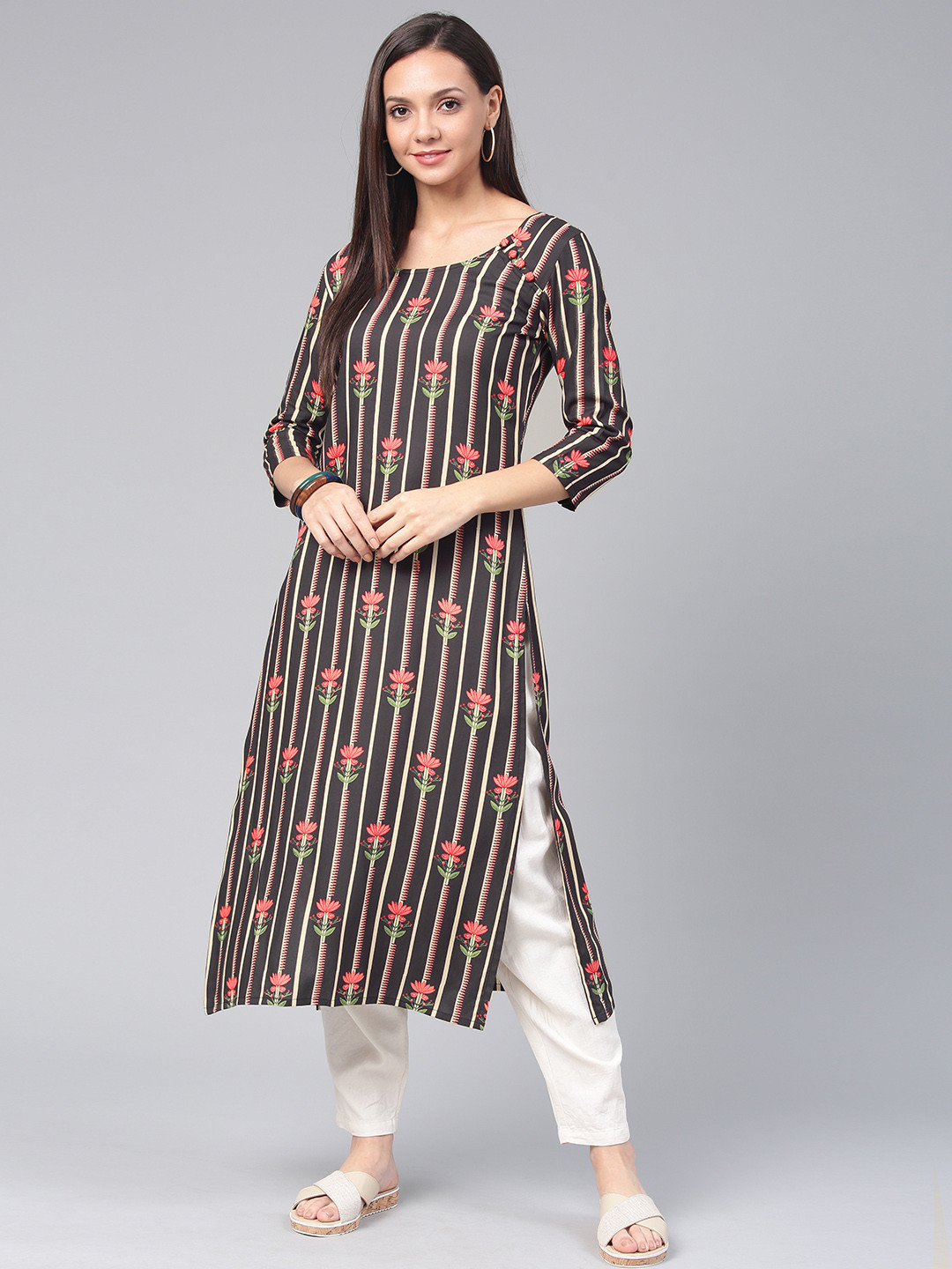 Swishchick Women Charcoal Grey & Cream-Coloured Striped Straight Kurta