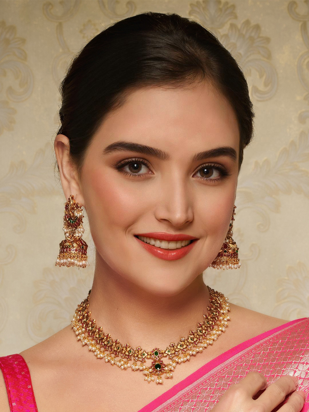 Priyaasi Maroon & Green Antique Gold-Plated Stone-Studded Handcrafted Jewellery Set