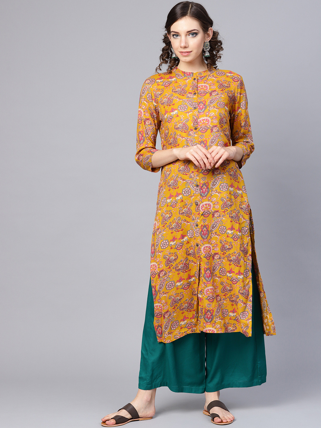 Varanga Women Mustard Yellow & Grey Printed Straight Kurta