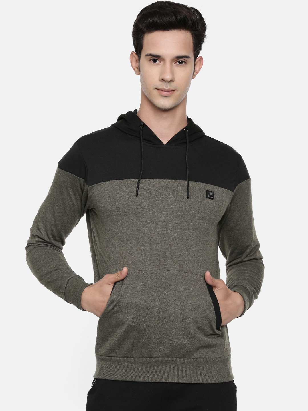 Proline Active Men Olive Green Melange & Black Colourblocked Hooded Sweatshirt