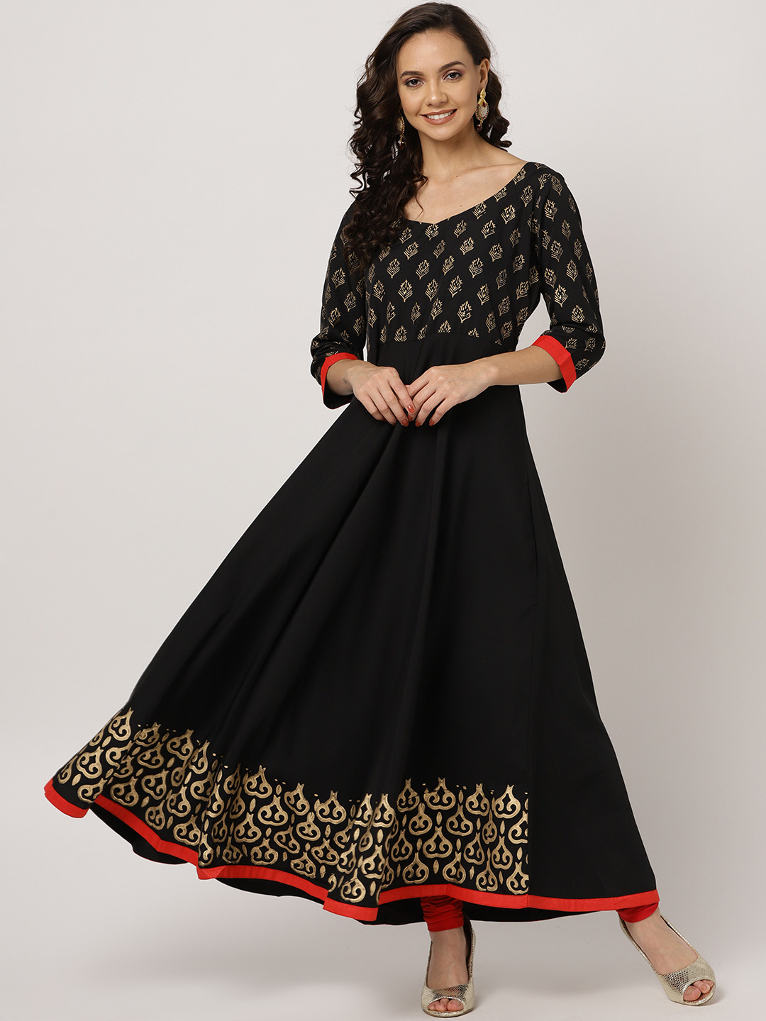 MBE Women Black & Golden Block Print Detail Anarkali Kurta