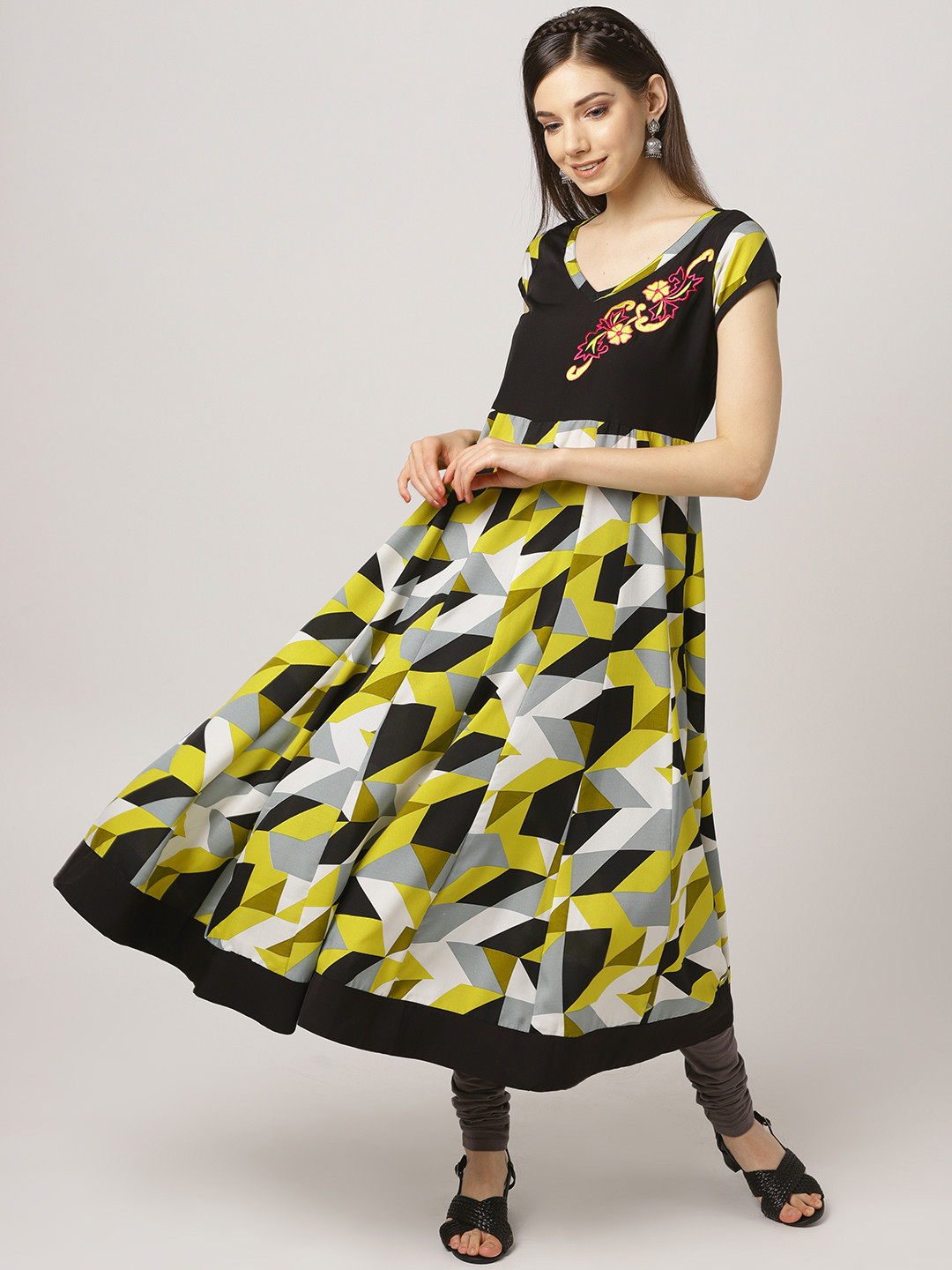 MBE Women Black & Yellow Printed Anarkali Kurta