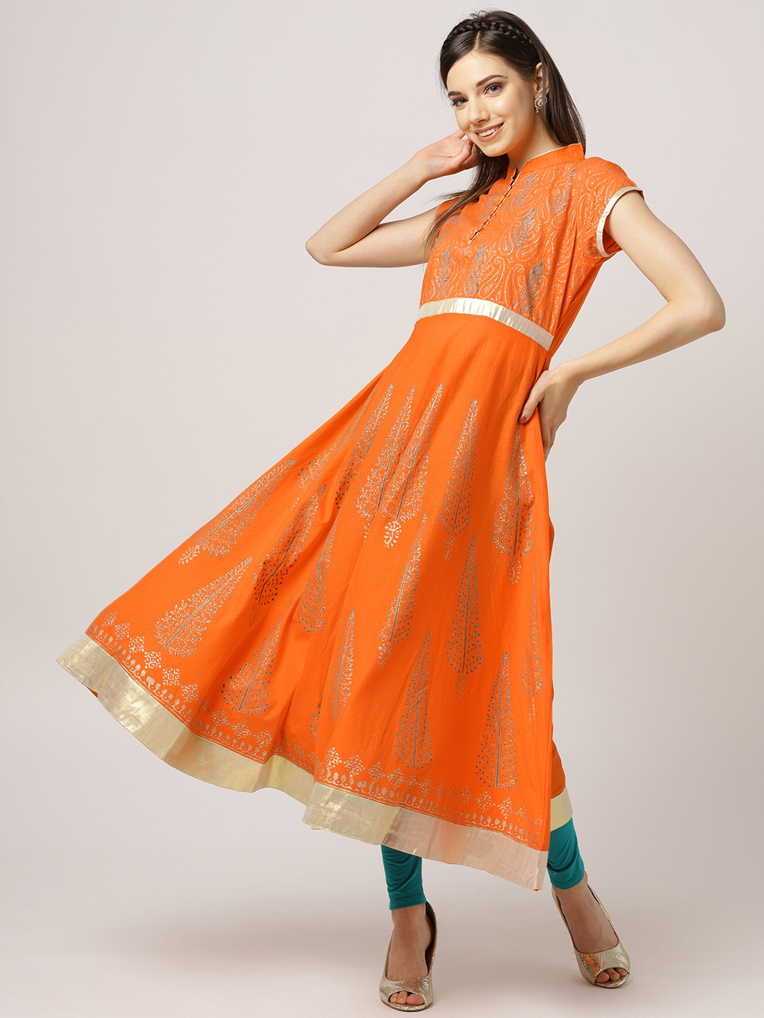 MBE Women Orange & Golden Block Print Anarkali Kurta