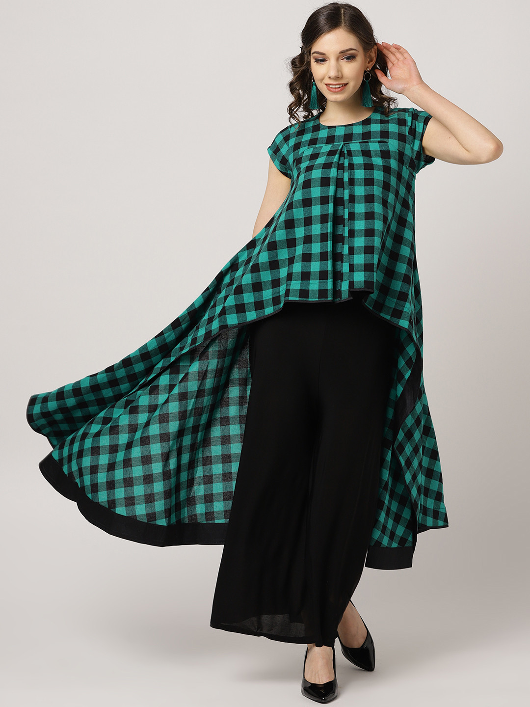 MBE Women Green & Black Checked High-Low A-Line Kurta