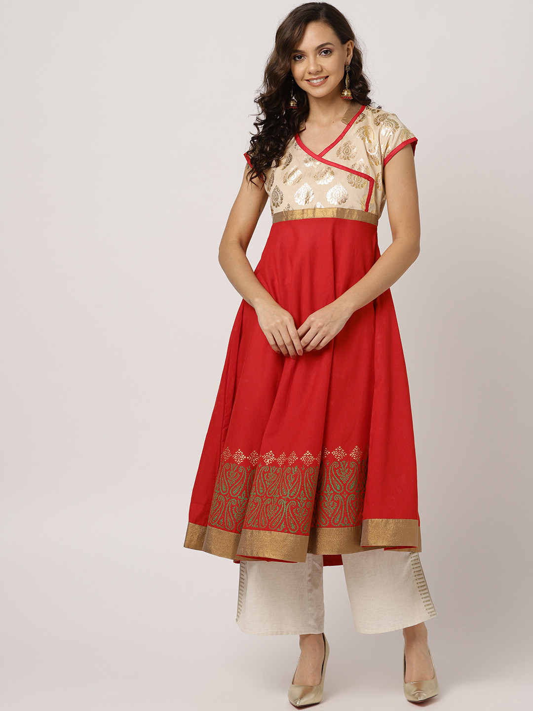 MBE Women Red & Golden Block Printed Angrakha Anarkali Kurta