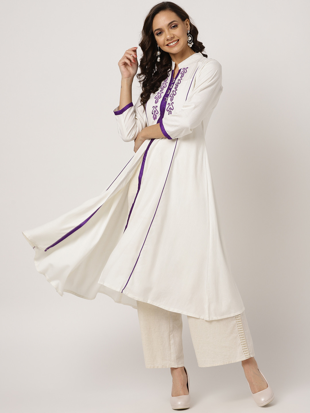 MBE Women White & Purple Yoke Design A-Line Kurta