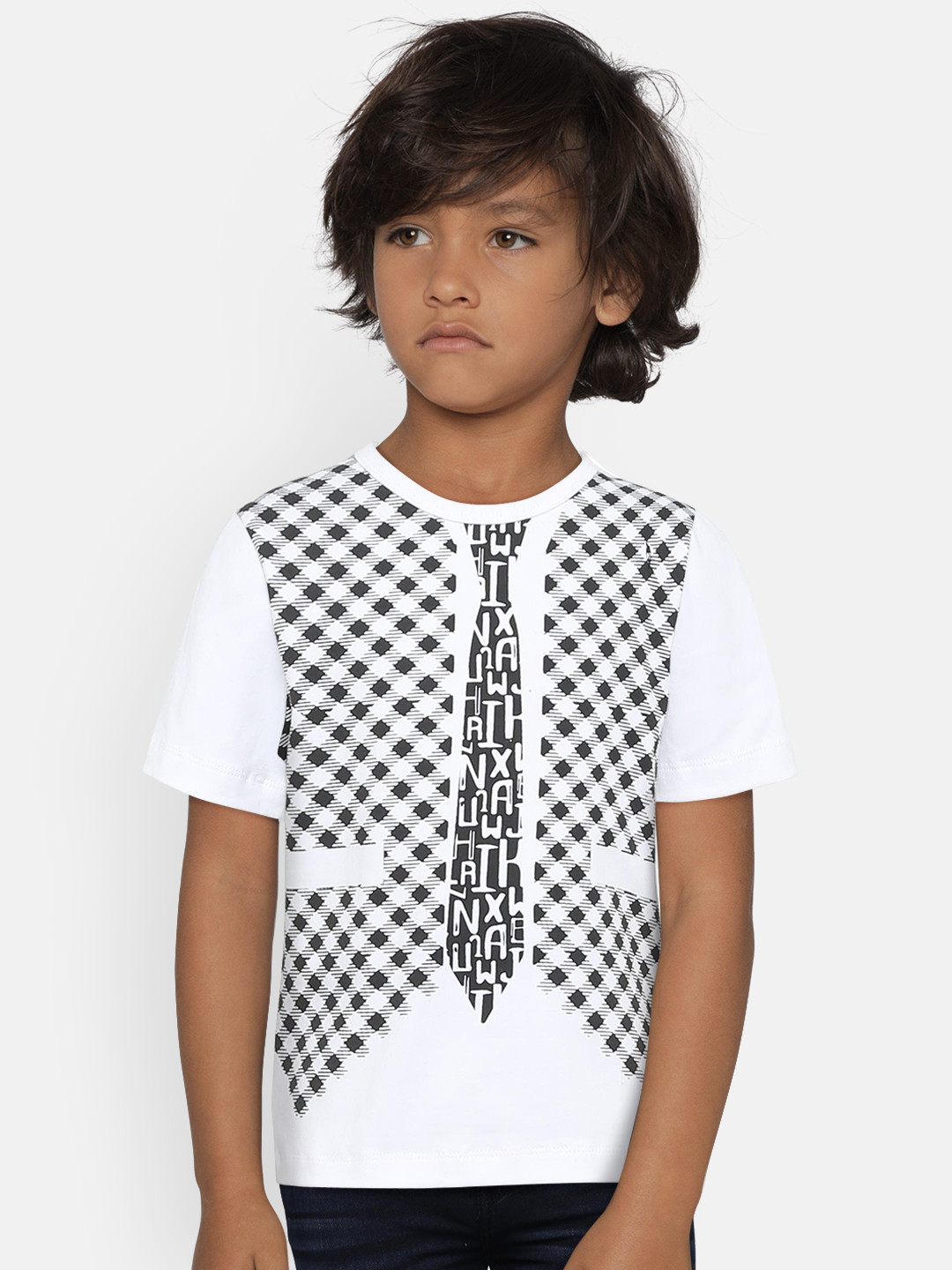 LAdore Boys White & Black Printed Round Neck T-shirt