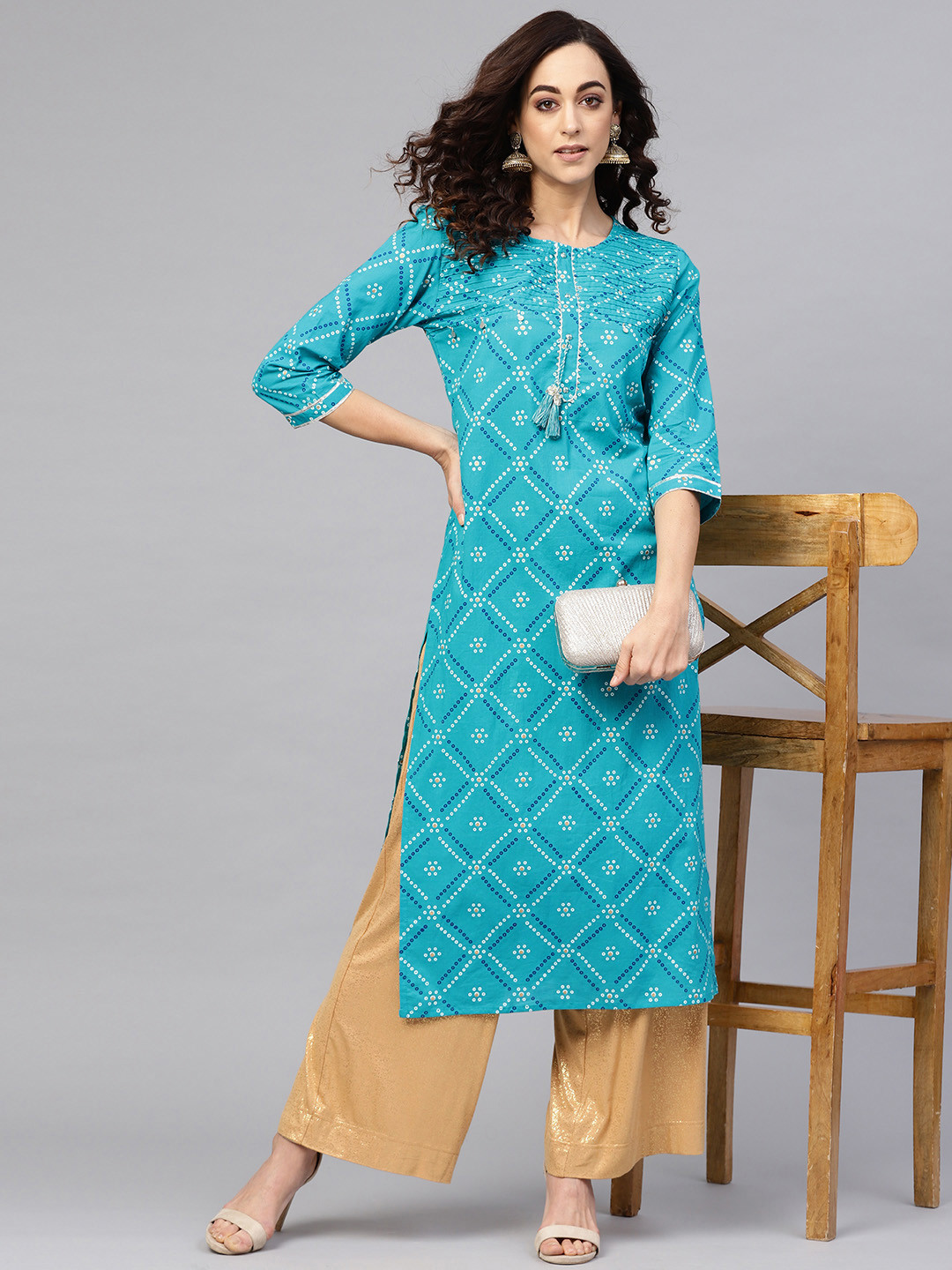 YASH GALLERY Women Blue & Off-White Bandhej Print Straight Kurta