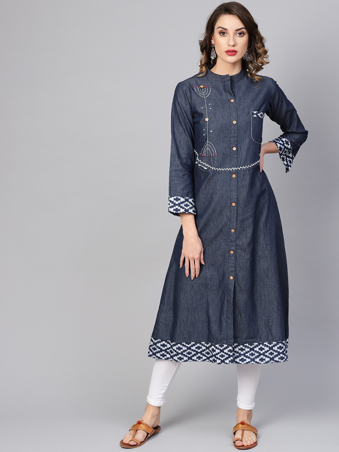 YASH GALLERY Women Navy Blue Embroidered Denim A-Line Kurta