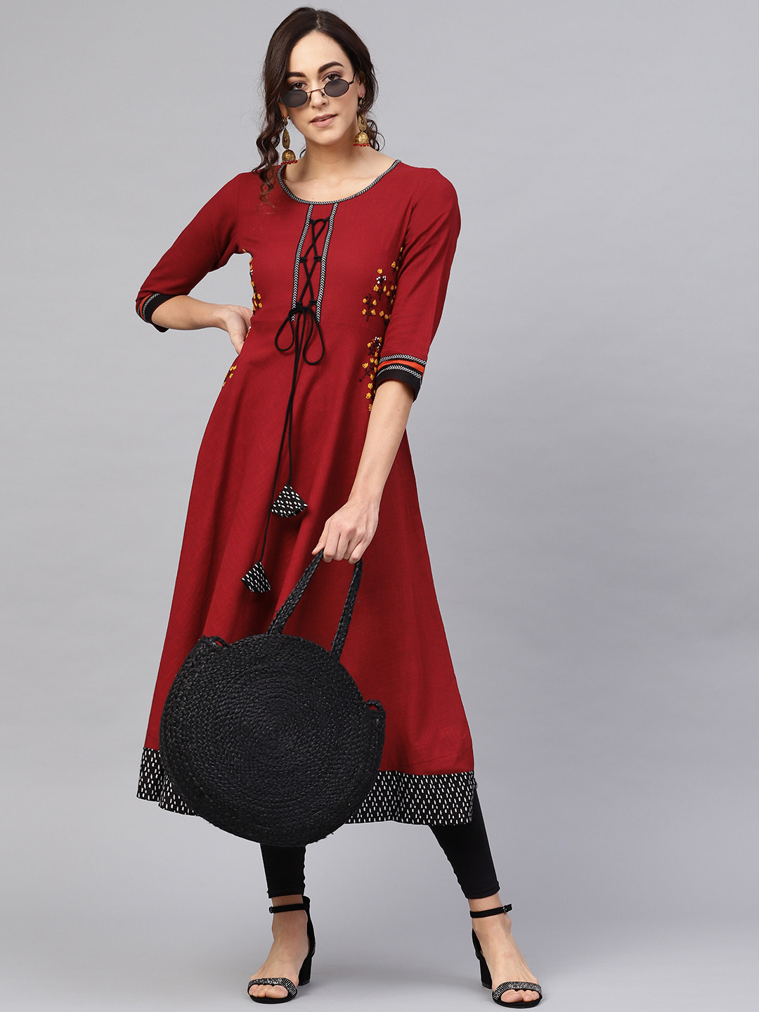 YASH GALLERY Women Maroon Floral Embroidered Detail A-Line Kurta