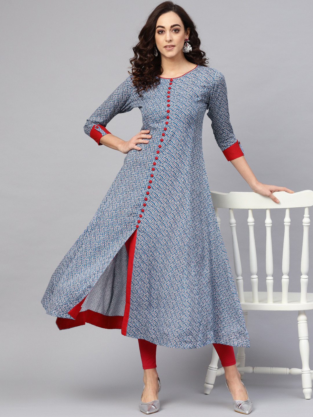 YASH GALLERY Women Blue & White Printed A-Line Kurta