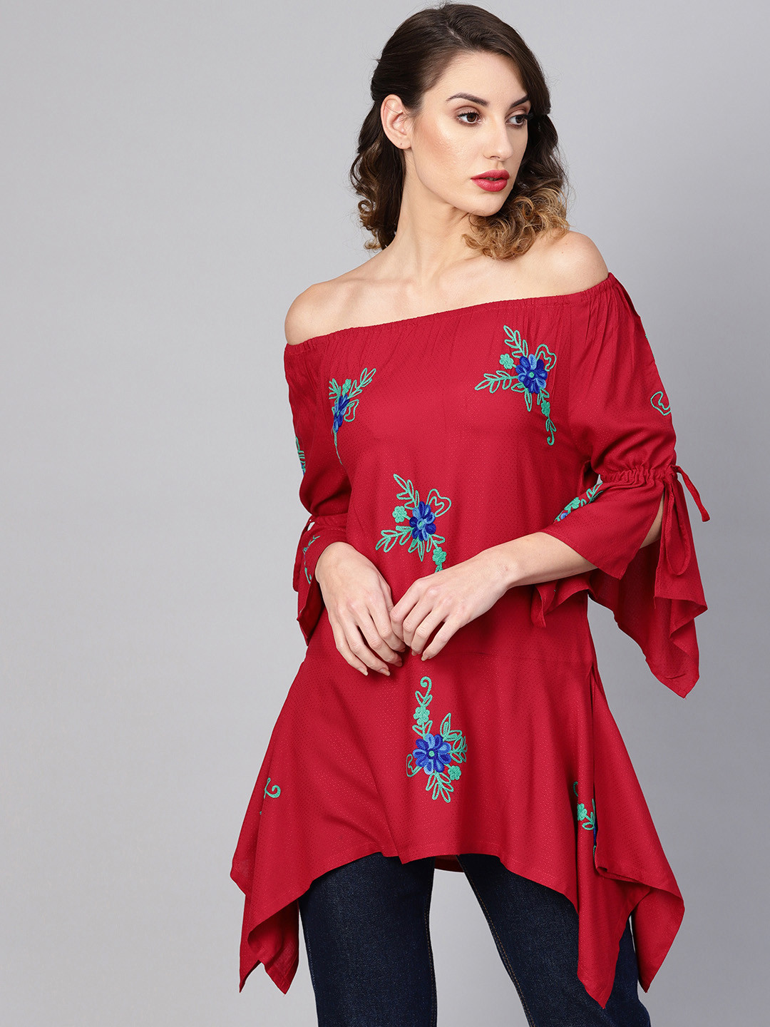 YASH GALLERY Women Maroon Embroidered Bardot Top