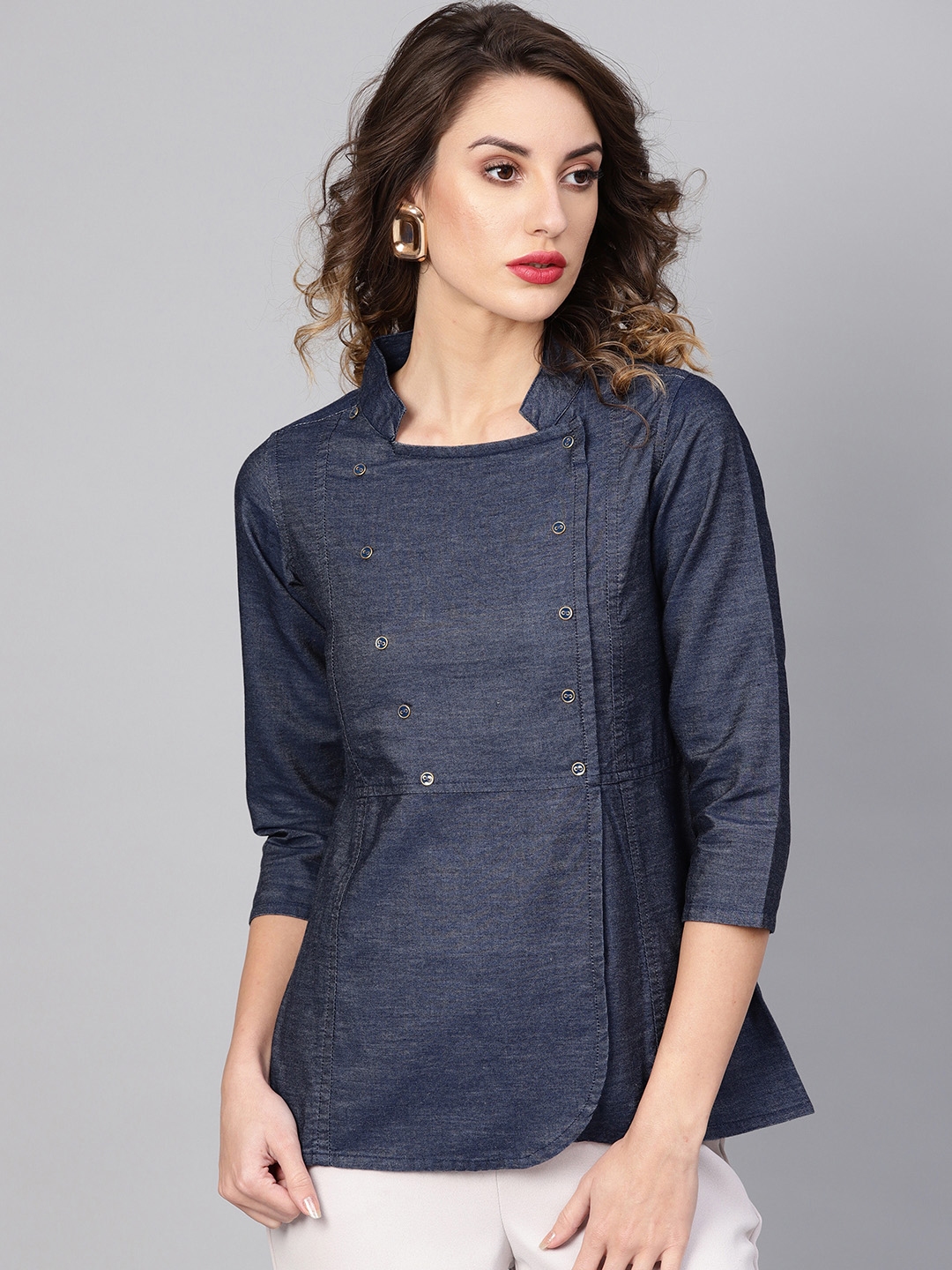 YASH GALLERY Women Navy Blue Solid Denim Wrap Top