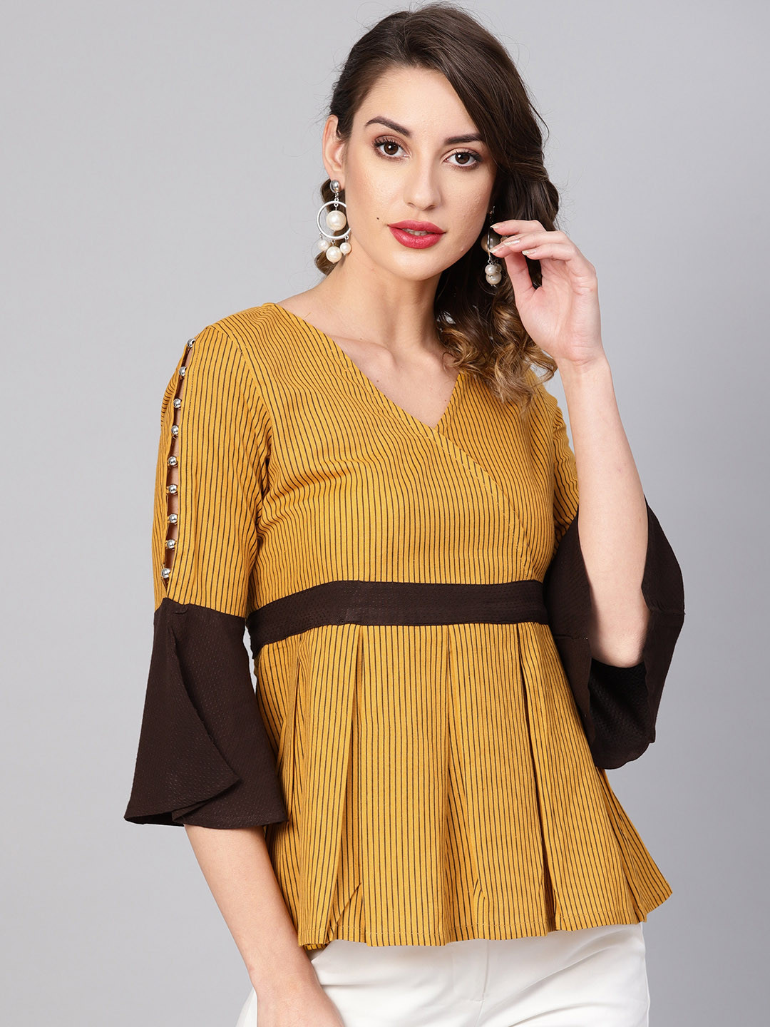 YASH GALLERY Women Mustard Yellow Striped Wrap Top