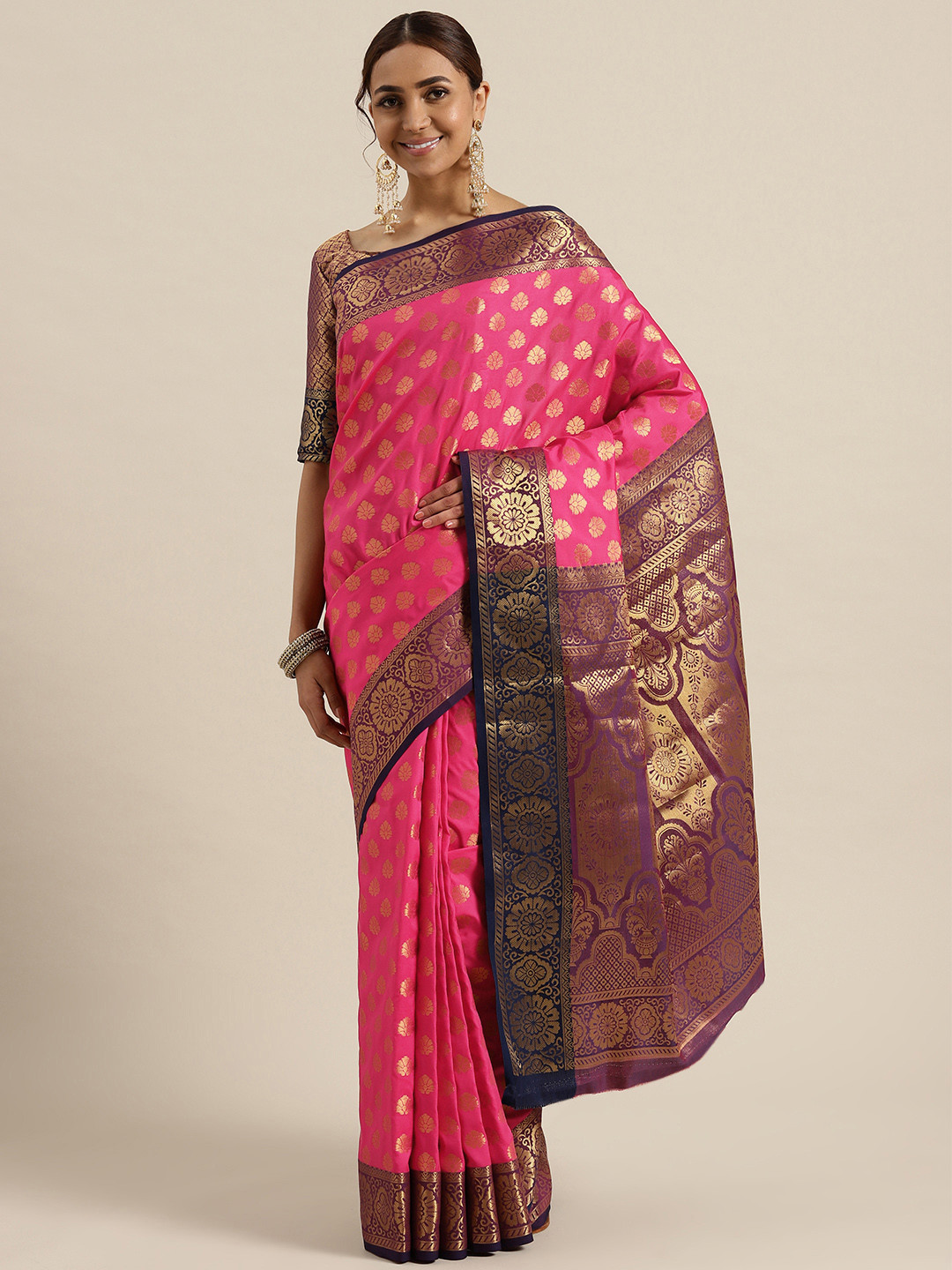 Saree mall Pink & Golden Silk Blend Woven Design Banarasi Saree