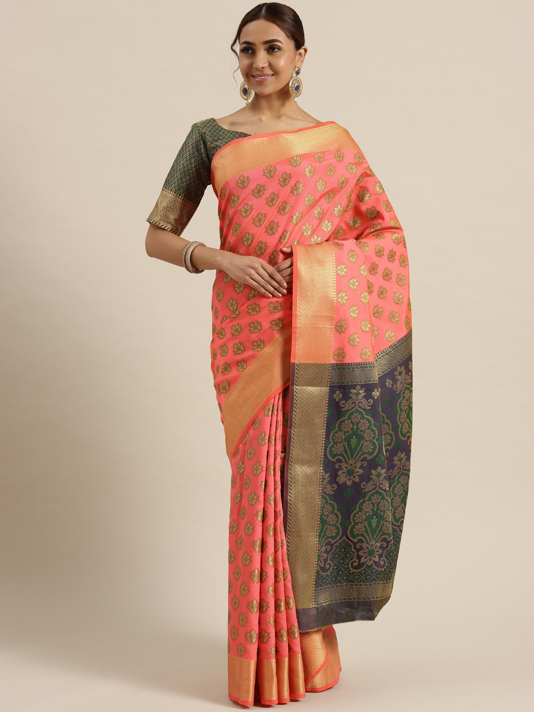 Saree mall Coral Pink & Golden Woven Design Banarasi Saree