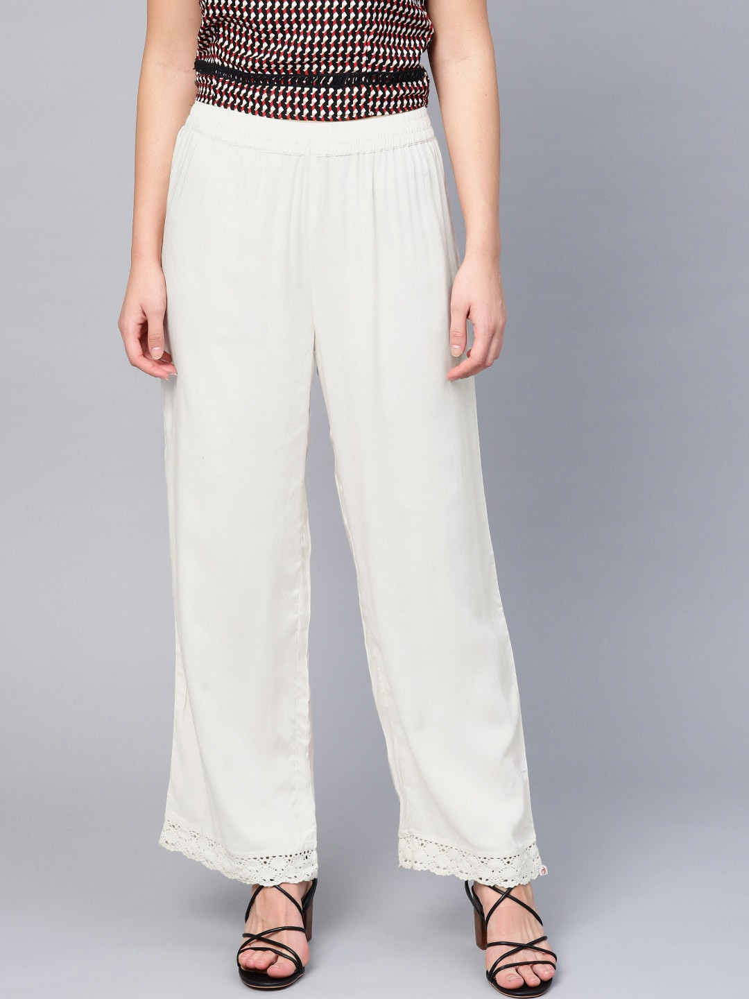 Juniper Women Off-White Hem Design Straight Leg Palazzos