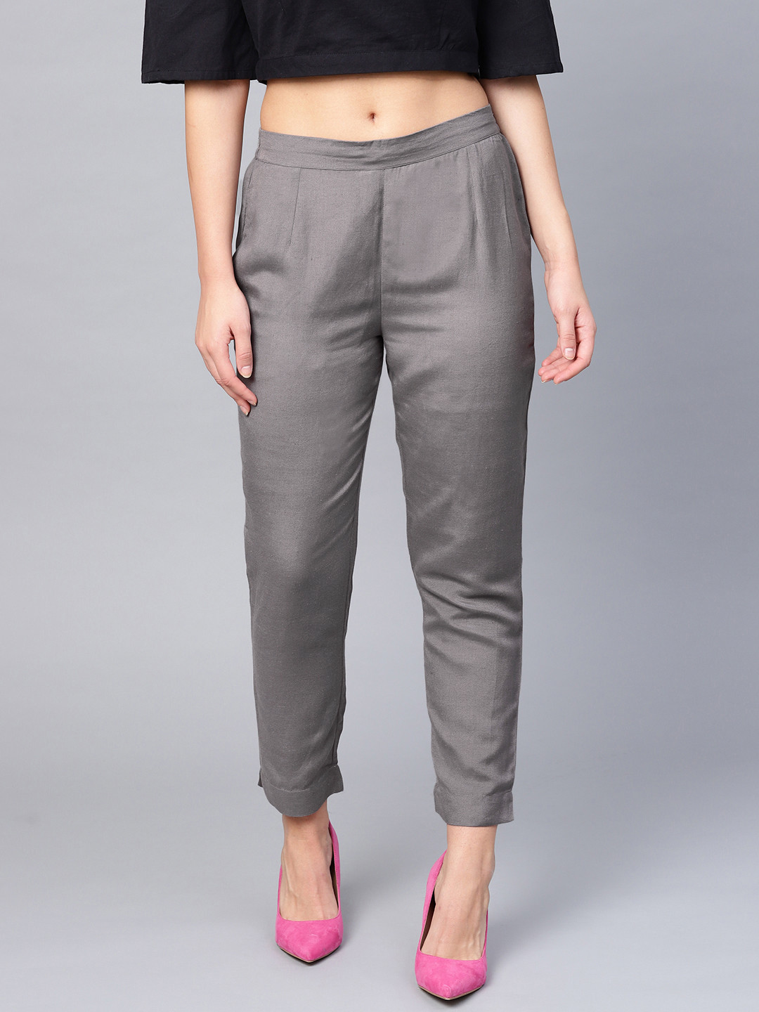 Juniper Women Grey Smart Slim Fit Solid Cigarette Trousers