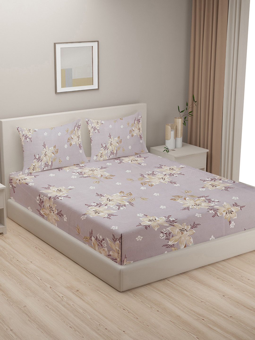 SWAYAM Purple Floral Pure Cotton 160 TC King Bedsheet with 2 Pillow Covers-90 x 108 inches