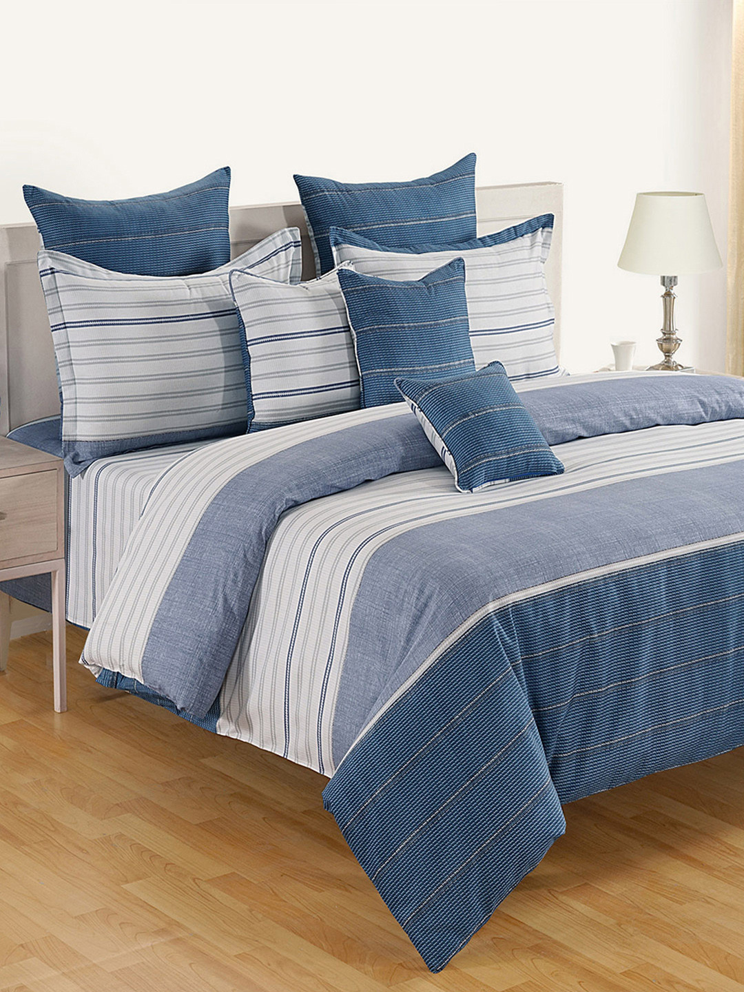 SWAYAM Grey Striped Pure Cotton 210 TC Fitted Queen Fine Bedsheet with 2 Pillow Covers-190 x 198 cm