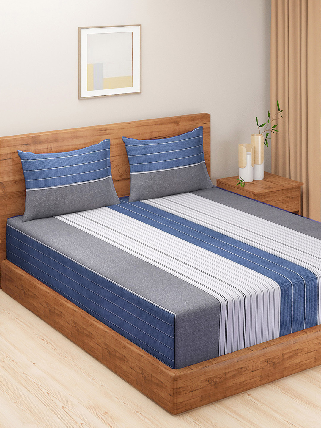 SWAYAM Grey Striped Cotton 200 TC King Fine Bedsheet with 2 Pillow Covers-228 x 274 cm