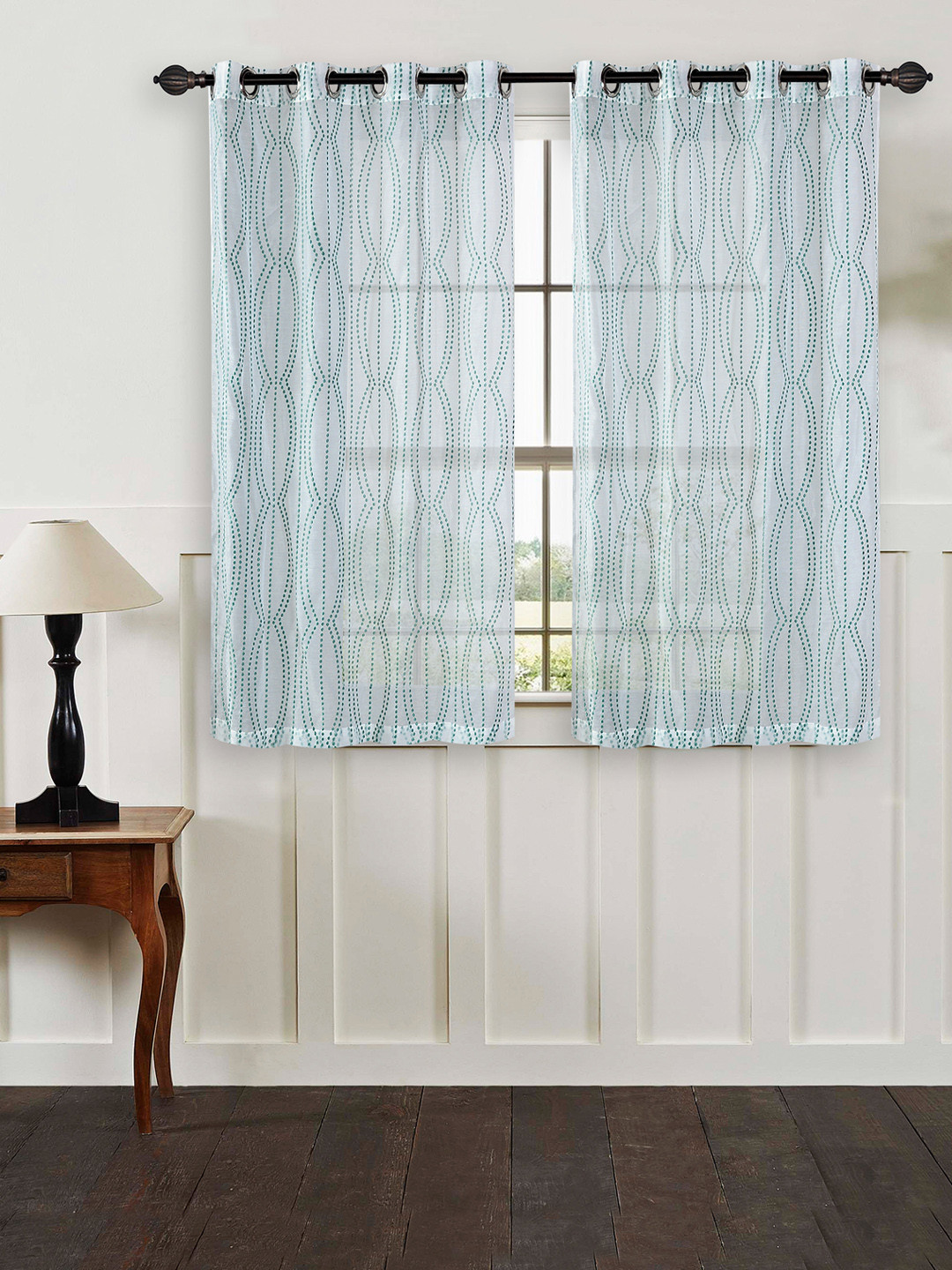 Deco Window White & Green Set of 2 Embroidered Sheer Window Curtains