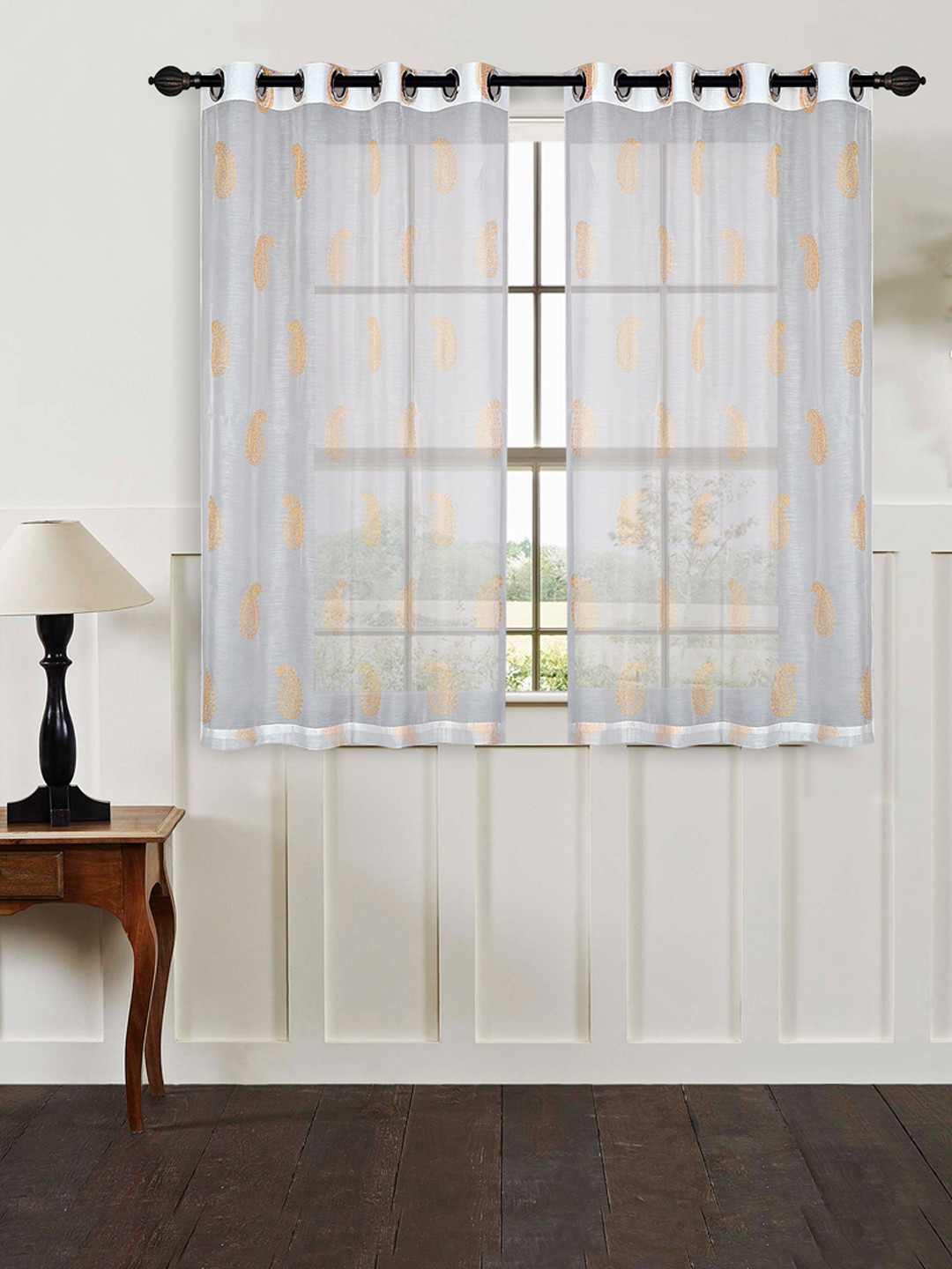 Deco Window White & Beige Set of 2 Sheer Window Curtains
