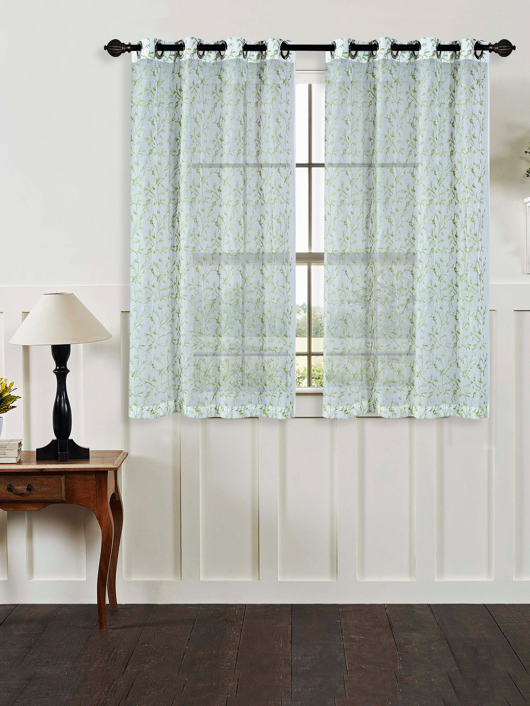 Deco Window White & Green Set of 2 Embroidered Sheer Window Curtains