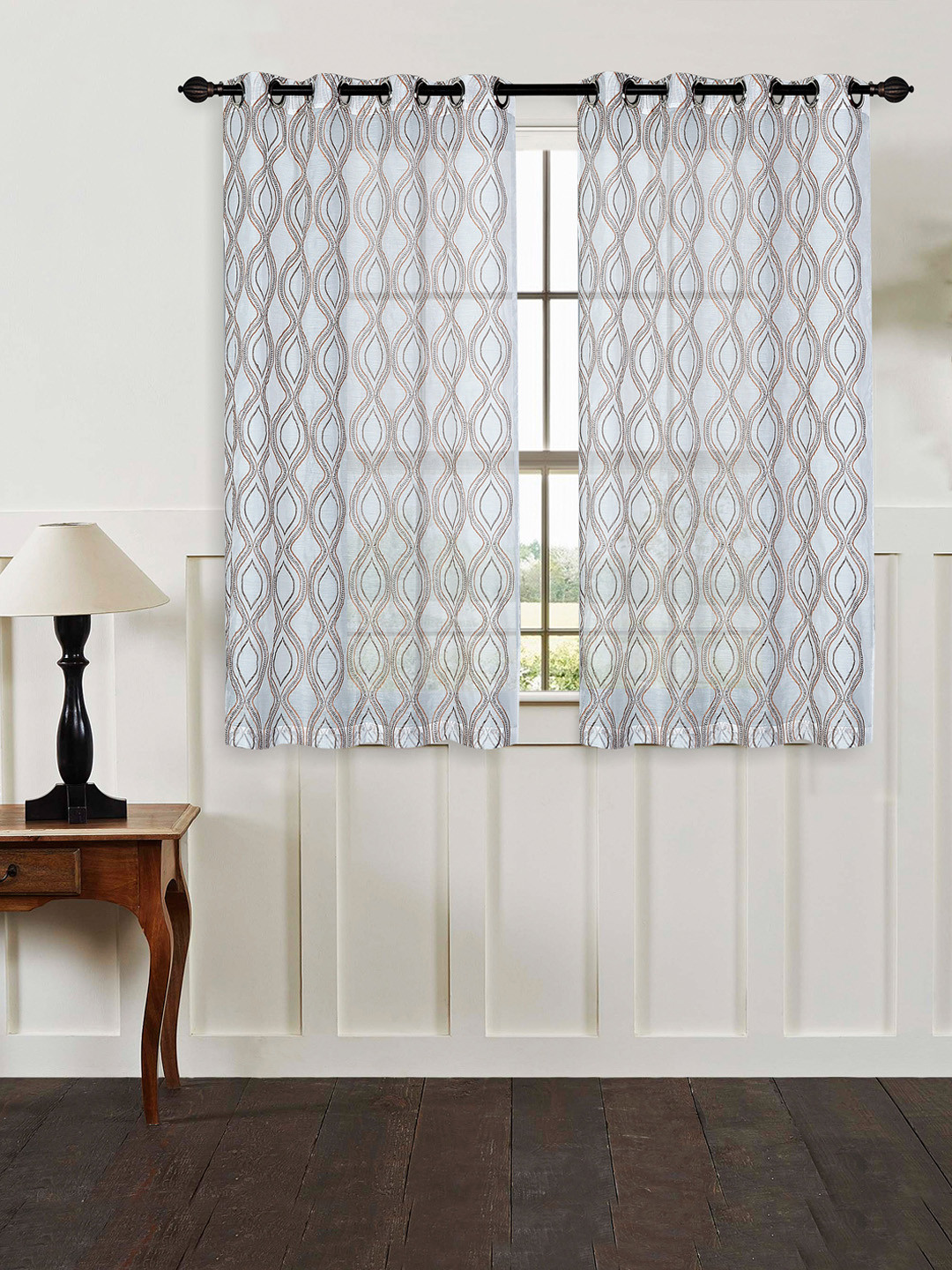 Deco Window White & Peach-Coloured Set of 2 Embroidered Sheer Window Curtains