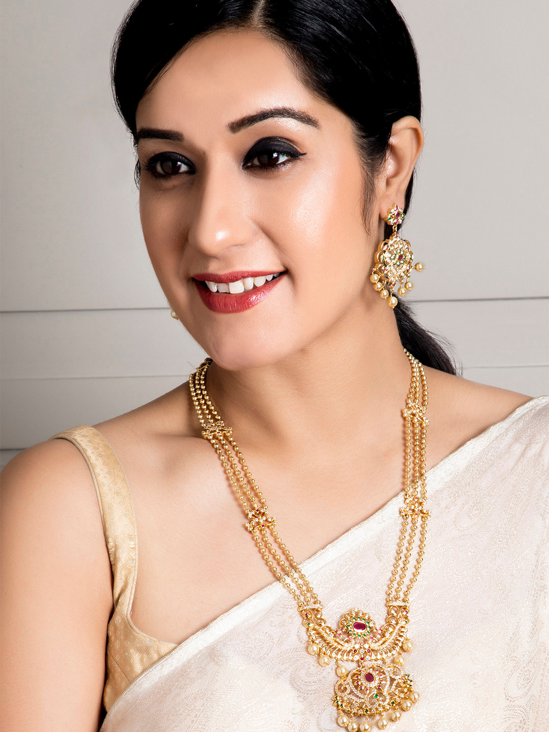 Rubans 22K Gold-Plated Ruby & CZ Studded Multistand Jewellery Set with Pearl Accents