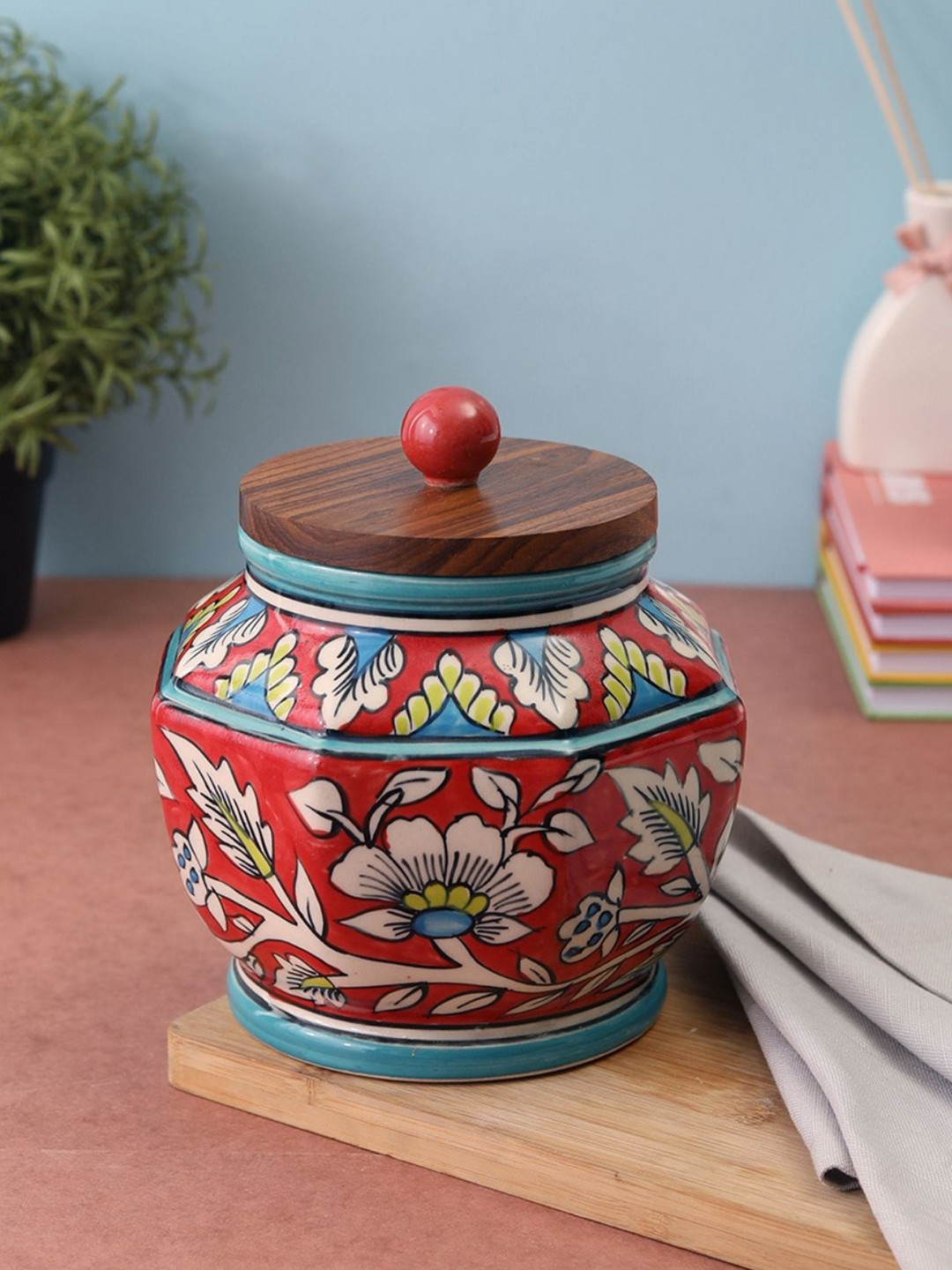 VarEesha Blue & Brown Mughal Printed Jar With Lid