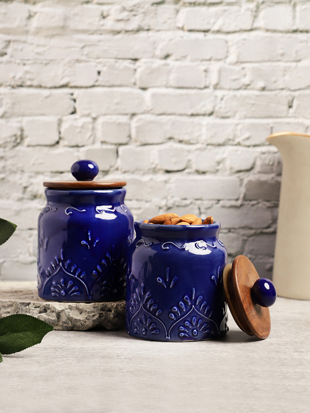 Vareesha Embossed Blue Floral Ceramic Hand-Painted 2 Piece Flip Top Canister-300ml
