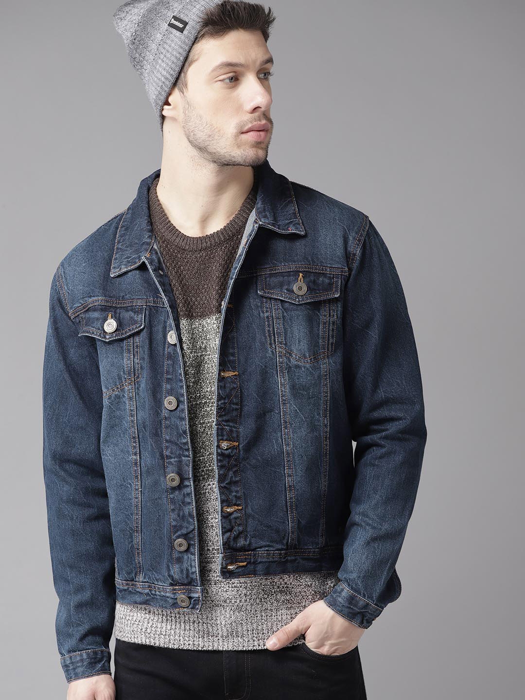 Buy Roadster Men Navy Blue Solid Denim Jacket - Jackets for Men 10617856