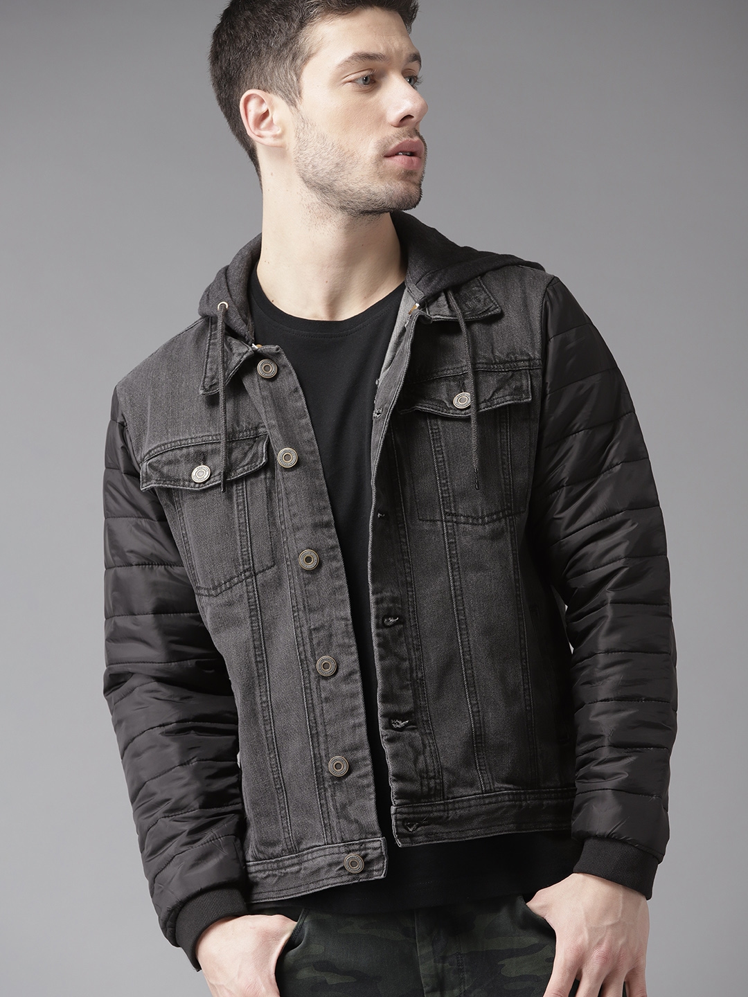 Black denim jacket discount with grey hood