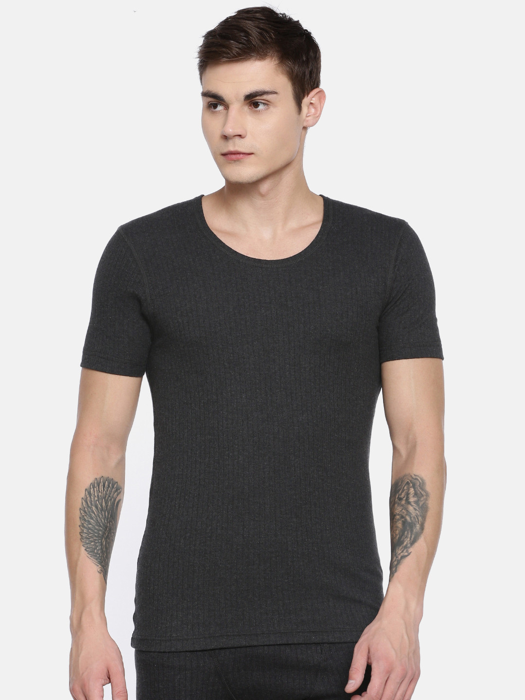 Van Heusen Innerwear Men Grey Solid Antibacterial Low Neck Thermal Top