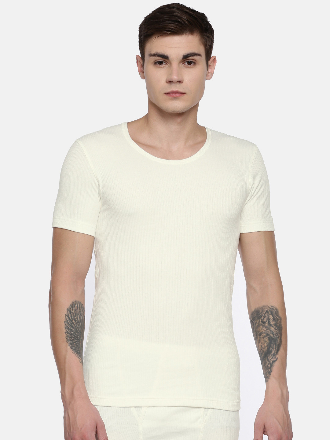 Van Heusen Innerwear Men White Solid Antibacterial Low Neck Thermal Top