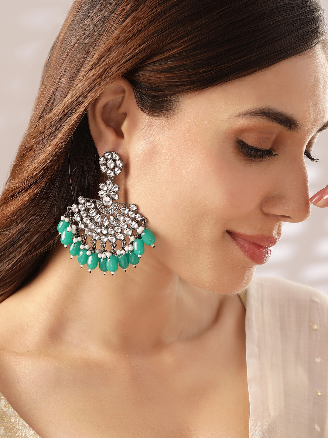 Rubans Silver-Toned & Green Classic Drop Earrings