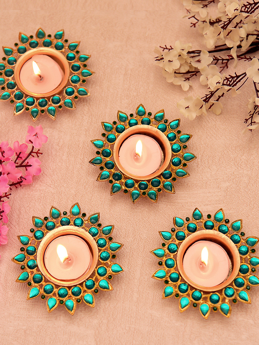 Homesake Set of 4 Green & Gold-Toned Candle Holders With Free Candles