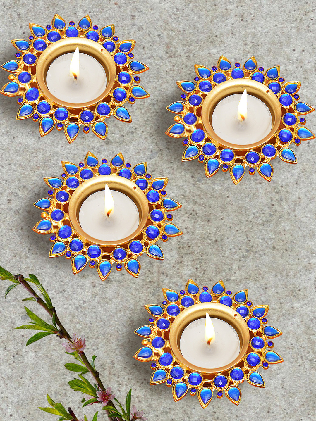 Homesake Set of 4 Blue & Gold-Toned Tea Light Candle Holders