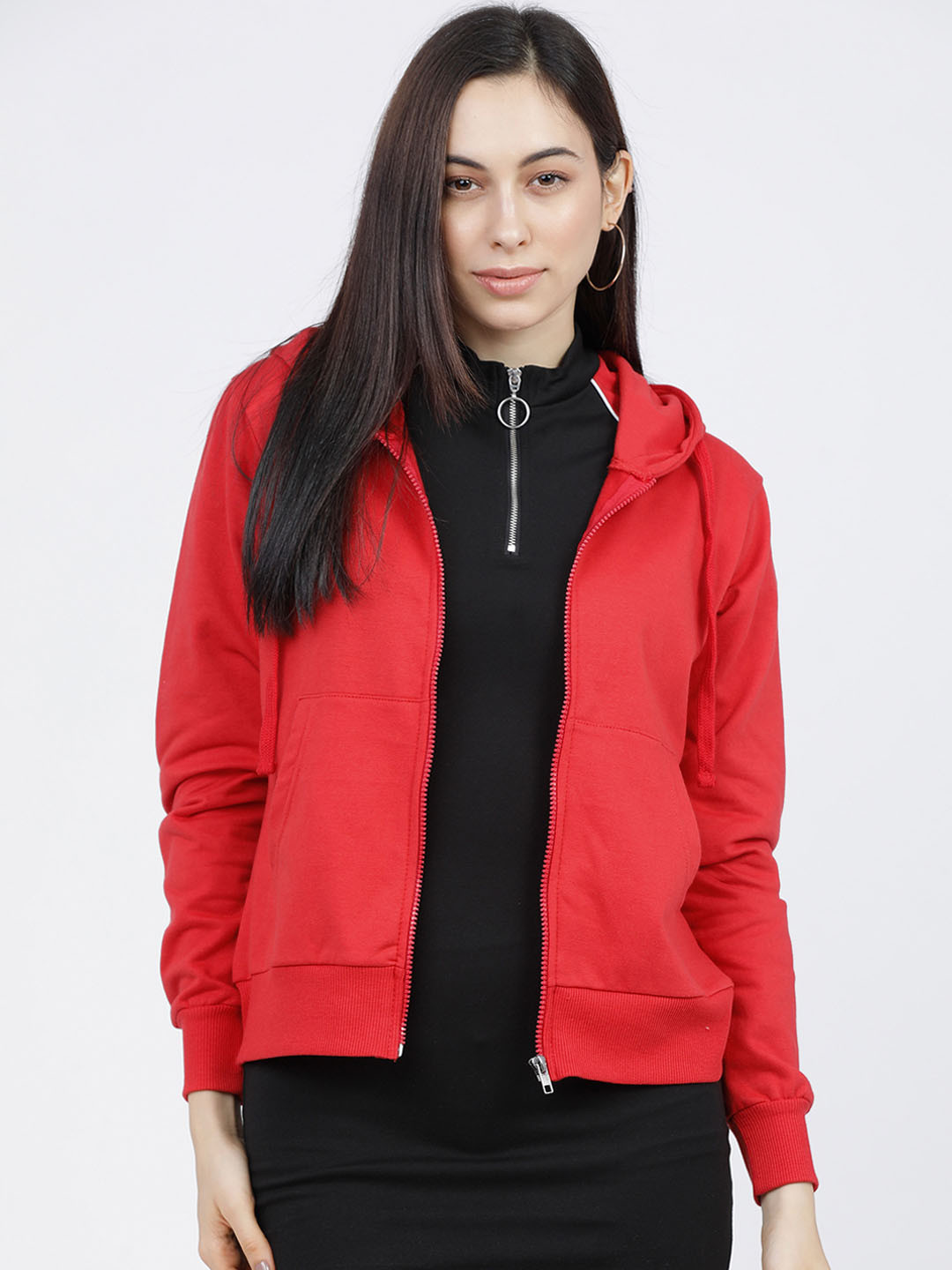 Tokyo Talkies Women Red Solid Hooded Sweatshirt