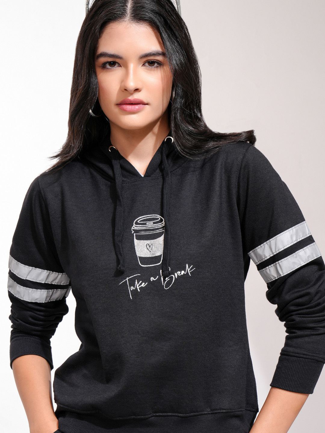 Tokyo Talkies Women Black & White Printed Hooded Sweatshirt