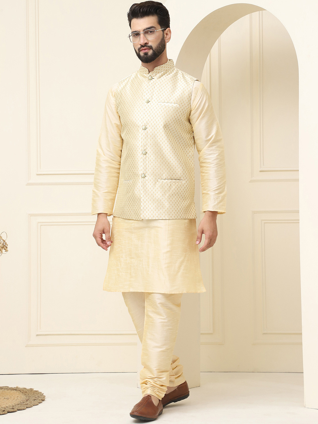 SOJANYA Men Gold-Toned & Beige Solid Kurta with Churidar & Nehru Jacket