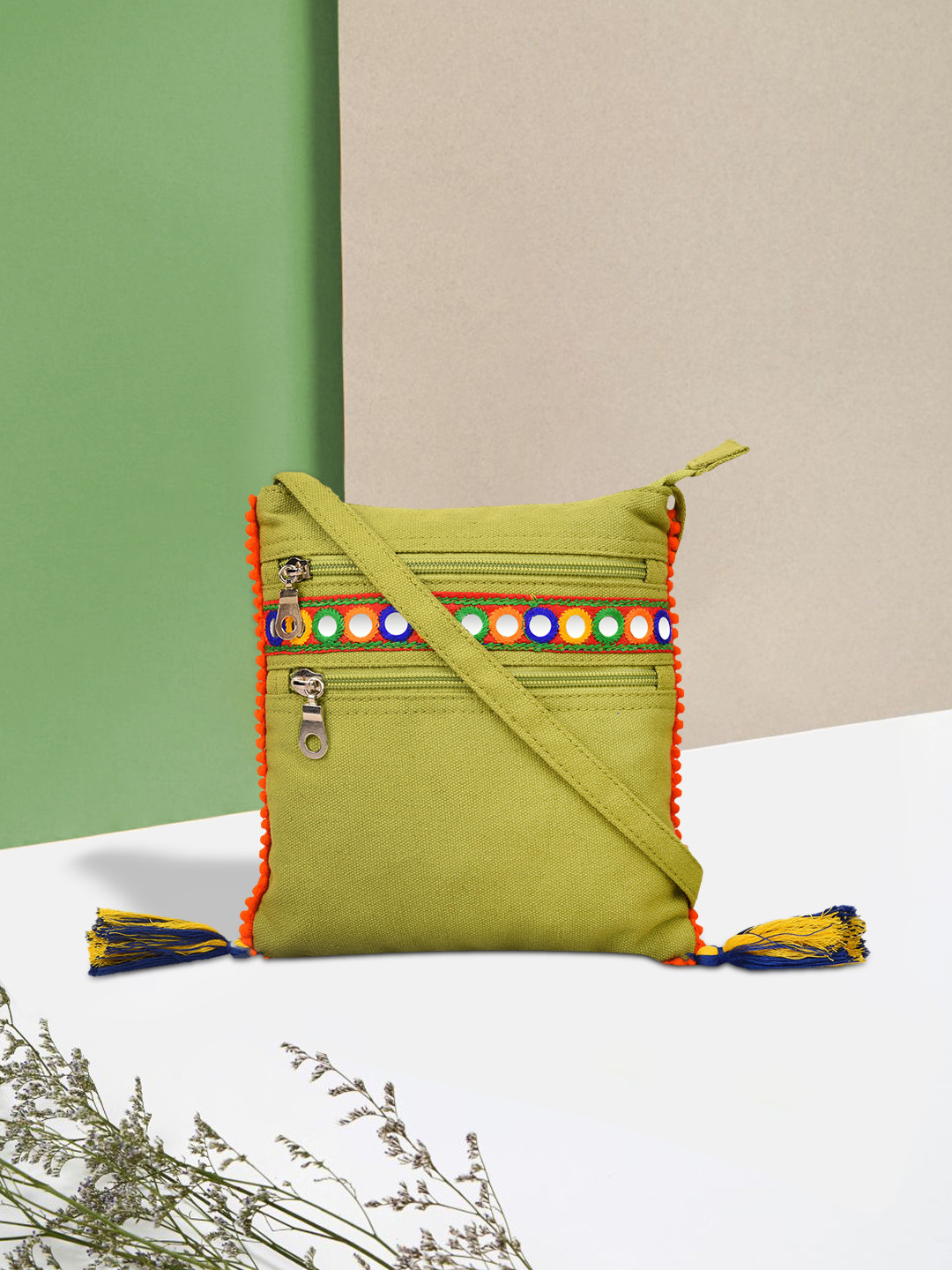 Anekaant Green Self Design Sling Bag