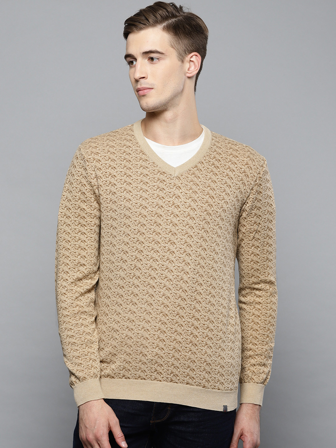 Louis Philippe Sport Men Beige & Brown Printed Sweater