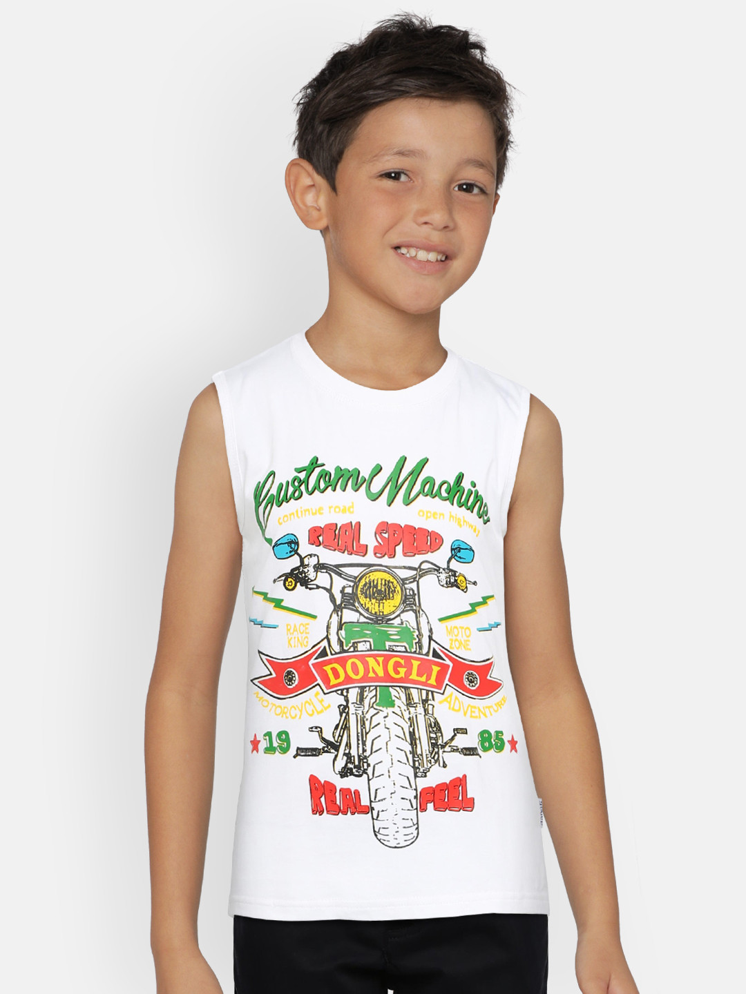dongli Boys White Printed Round Neck T-shirt