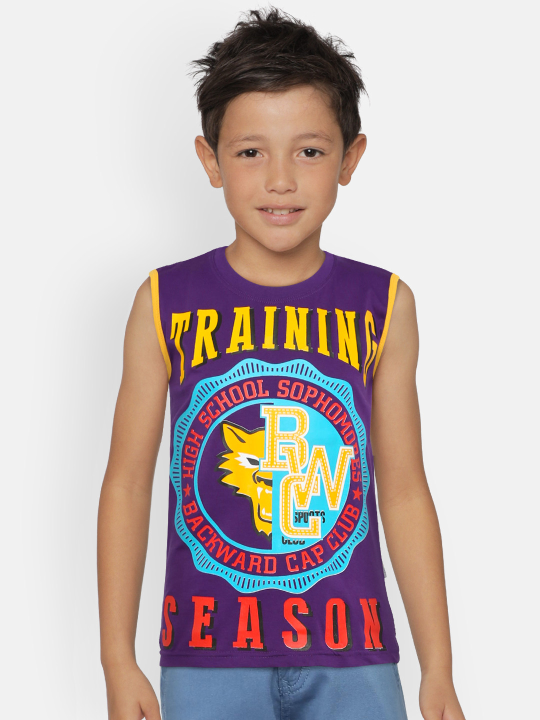 dongli Boys Purple Printed Round Neck T-shirt