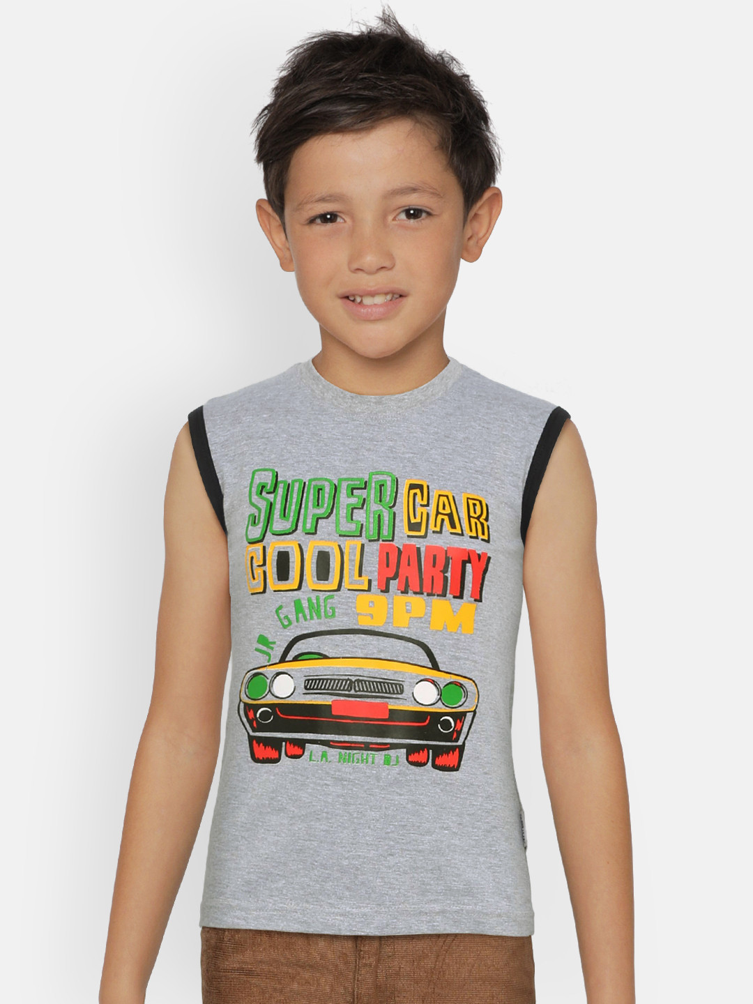 dongli Boys Grey Melange Printed Round Neck Sleeveless T-shirt