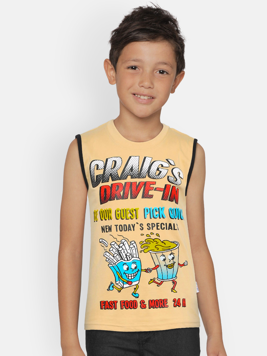 dongli Boys Beige Printed Round Neck T-shirt